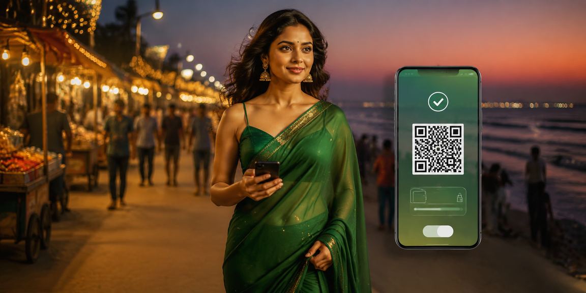 Excited Indian player accessing 2203 promotions on mobile at Chennai Marina Beach